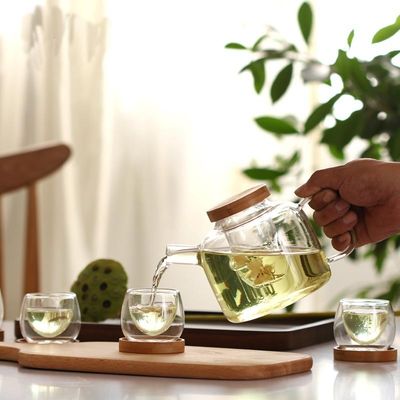 Office / Home Stovetop Safe Teapot With Infuser / Bamboo Lid High Borosilicate supplier