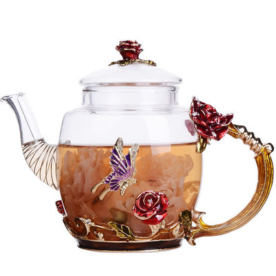 Flower Pattern Floral Microwavable Teapot , Vintage Glass Teapot With Gold Leaves supplier