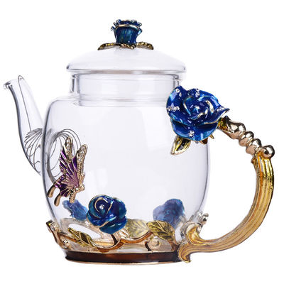 Flower Pattern Floral Microwavable Teapot , Vintage Glass Teapot With Gold Leaves supplier