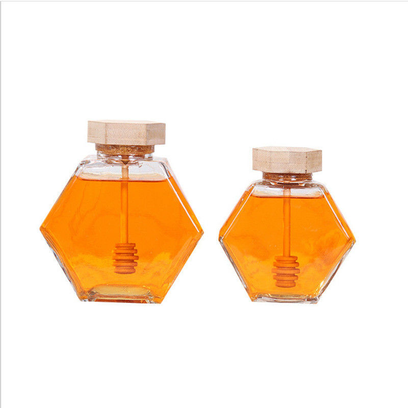 Wooden Dripper Heat Resistant Hexagon Glass Honey Jar supplier