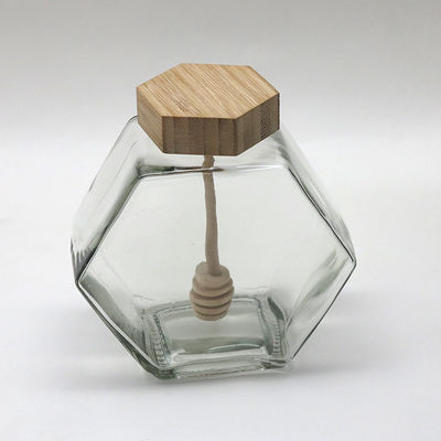 Empty Hexagon Glass Honey Jar Pot Jar 12oz Capacity Wooden Bamboo Dripper supplier