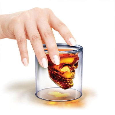Double Layer Glass Coffee Mugs , Skull Whiskey / Vodka / Cocktail Glass Cup supplier