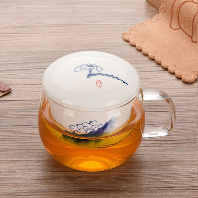Borosilicate Glass Tea Infuser Cup With Ceramic Filter / Lid 280ml Capacity supplier