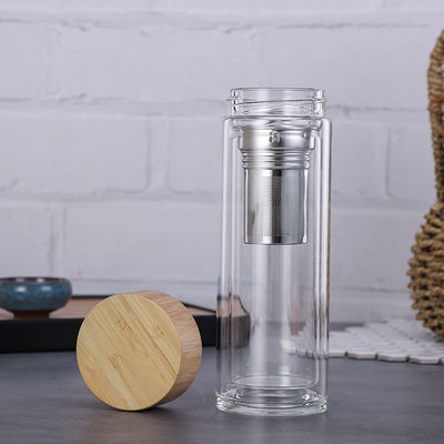Customized Borosilicate Glass Bottle , Clear Glass Drinking Bottle With Bamboo Lid supplier