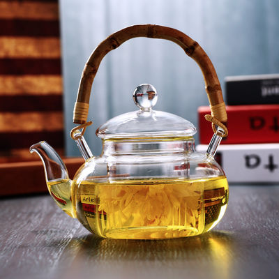 Coffee / Tea Clear Glass Teapot With Bamboo Handle Thermal Shock Protection supplier