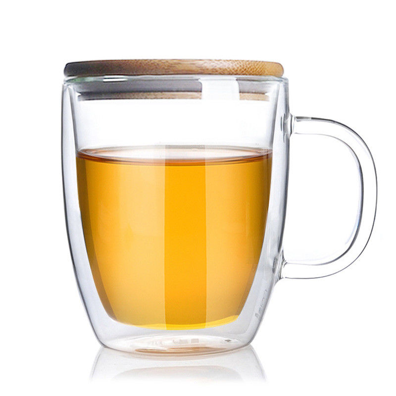 High Borosilicate Double Wall Glass Tumbler , Transparent Tea Cup With Bamboo Lid supplier
